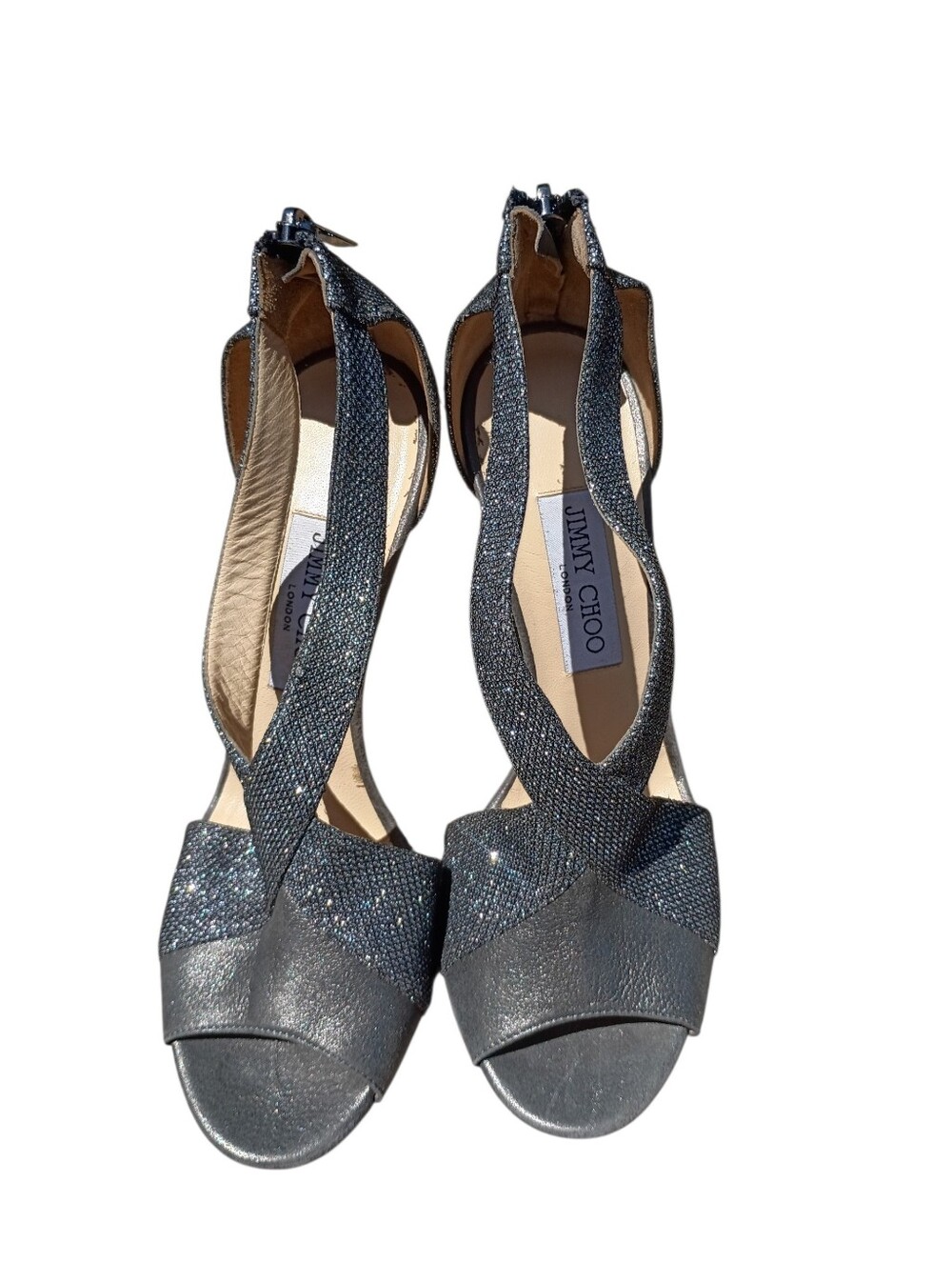 Authentic Jimmy Choo Leather Glitter Sandals With A 5 Inch Heel Size 39 - Picture 3 of 9